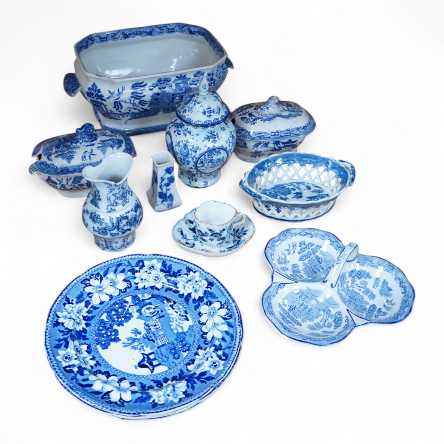 A group of blue and white Willow pattern china, 19th century and later and a Meissen cup and. Saucer. (12).